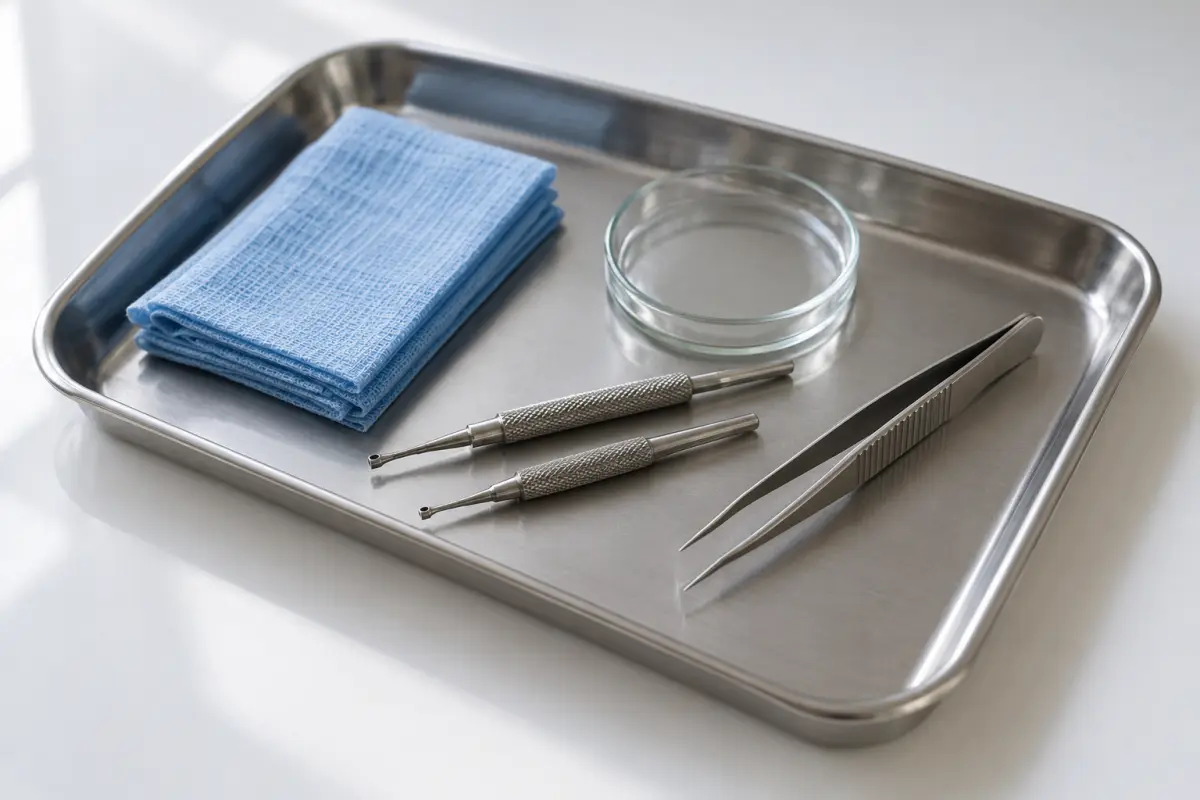 Stahlschale mit zwei Hohlstanzen für die FUE-Entnahme, Pinzette, Glasschale und blauer Kompresse auf einem weißen Tisch