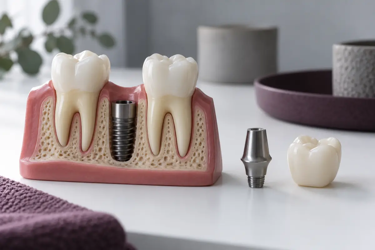 Zahnmodell mit einzeln dargestelltem Implantat, Aufbau und Zahnkrone auf einer weißen Tischfläche